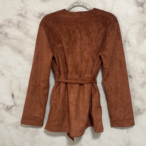 Love Token Faux Suede Leather Open Front Belted Jacket - Picture 8 of 12